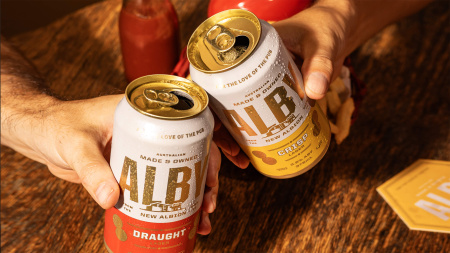 Alby beer rebrand 2024 - Crisp and Draught cans cheersing